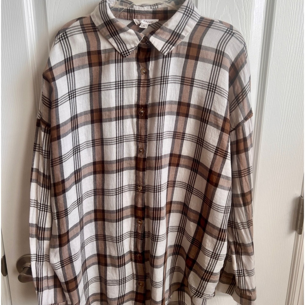 Blu Pepper Plaid Button Up Long Sleeve Shirt Brown White Women's‎ Medium Fall